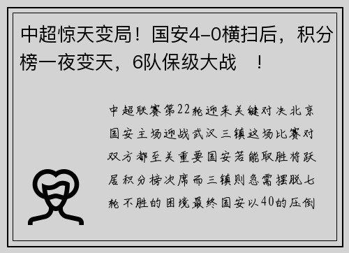 中超惊天变局！国安4-0横扫后，积分榜一夜变天，6队保级大战​!